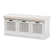 Baxton Studio Tabor Modern and Contemporary Beige Fabric Upholstered and White Finished Wood 3-Basket Storage Bench with Rattan Accent Baxton Studio restaurant furniture, hotel furniture, commercial furniture, wholesale dining room furniture, wholesale dining ben ch, classic dining bench